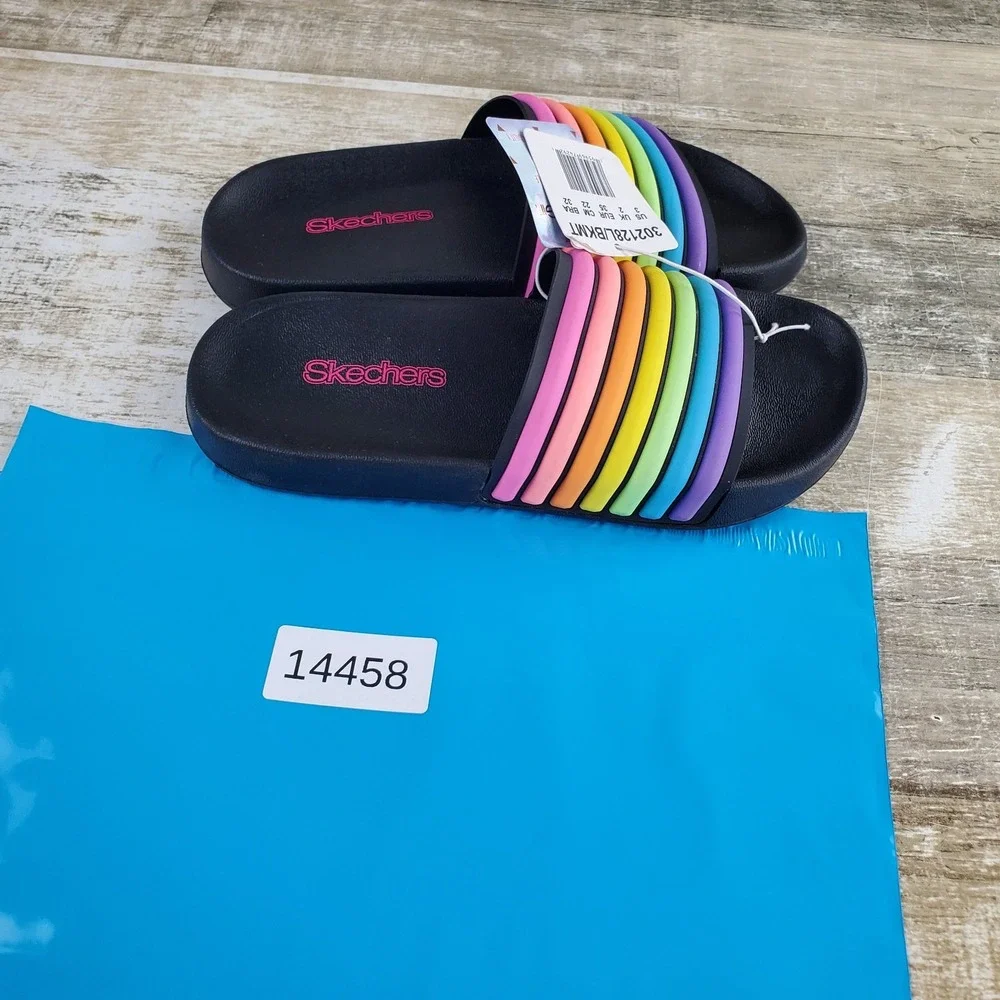 Skechers Girls Rainbow Slides Sandal Sz 3 Black Multi Striped Open Round Toe
